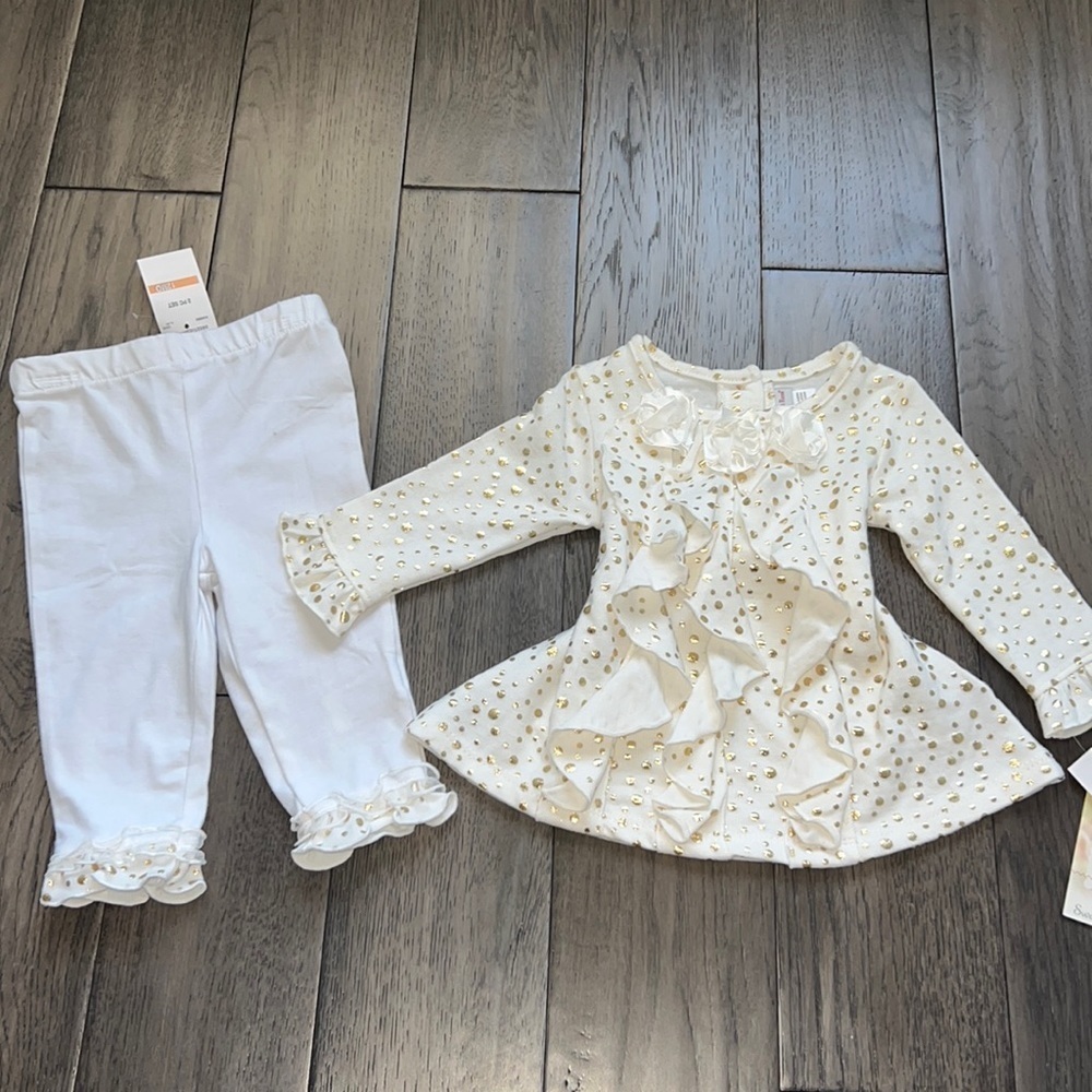 NWT Gold polkadot/ruffle longsleeve dressy shirt with matching  ruffle leggings